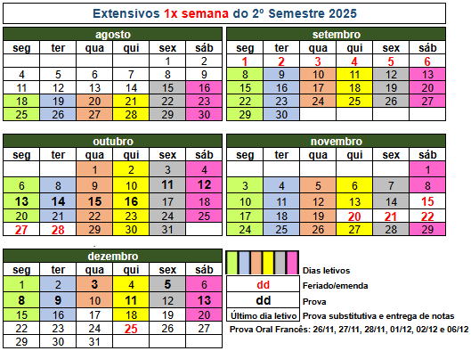 Calendrio Extensivo 1x por semana